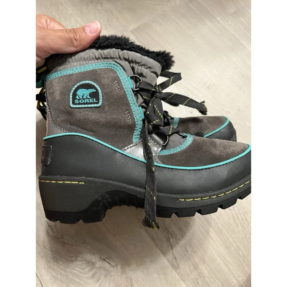 SOREL Winter Snow Boots Youth 1 Tivoli III Gray Teal Suede Faux Fur Waterproof